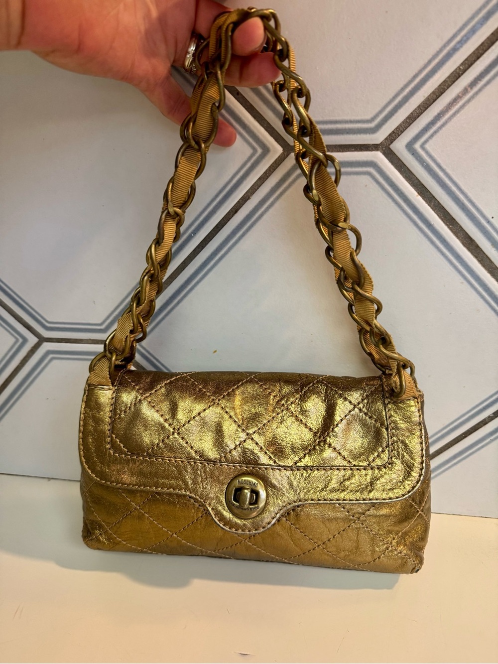 Moschino cheap and chic vintage 80s quilted bronze leather pochette ribbon chain